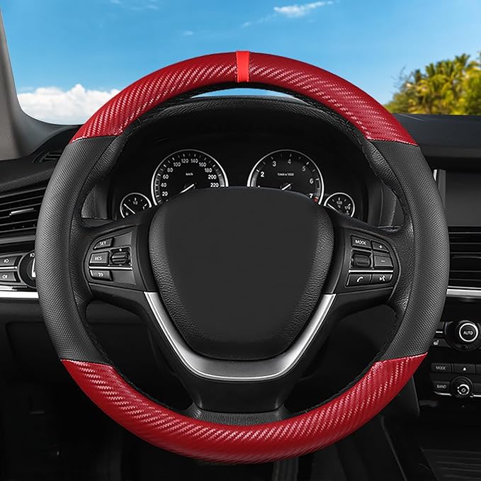 Black & Red Carbon Fiber Leather Steering Wheel Cover, 14.5-15 Inch Non-Slip Breathable Microfiber Leather Car Steering Wheel