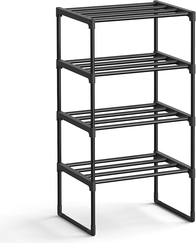 SONGMICS Shoe Rack, 4-Tier Shoe Organizer, Metal Storage Shelf, Upright or Upside Down, for 5-10 Pairs, Stackable, for Entryw
