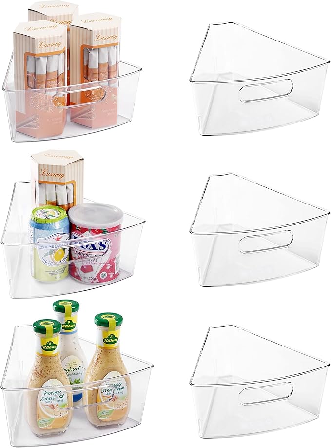 Oubonun Lazy Susan Organizers Set of 6, 10.2”x 9.4”x 4” Plastic Transparent Kitchen Cabinet Storage Bins with Handle, 4" Deep
