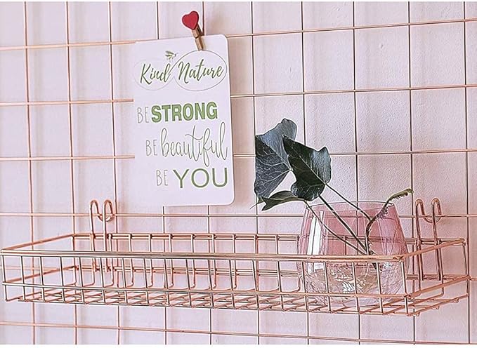 Rose Gold Grid Wall Basket Wire Wall Shelf for Grid Panel Easy Hanging Tray for Cute Things on Your Grid Wall Storage Display