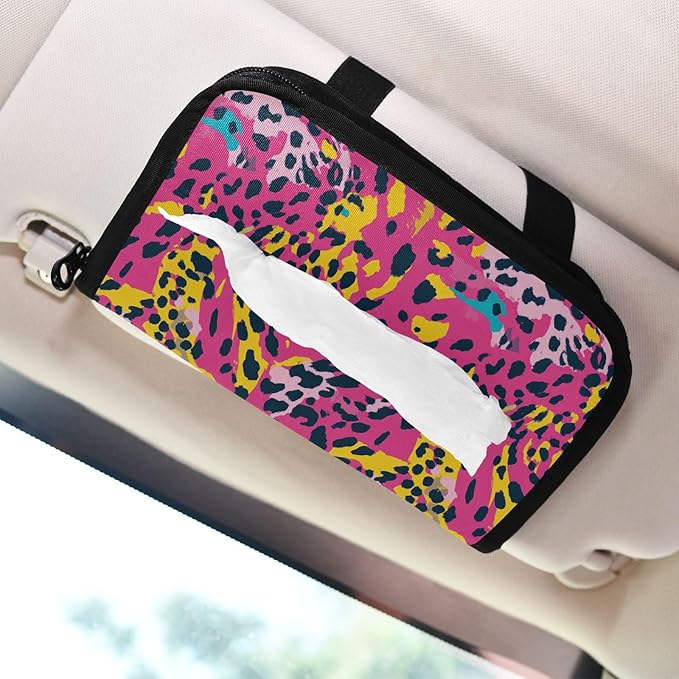 Car Tissue Holder Car Visor Organizer Tissue Box Holder for Car Sun Visor Organizer with Car Vehicle Accessories Essentials Interior for Women Men Colorful Leopard Print Pink