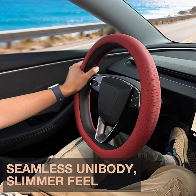 PINCTROT Nappa Leather Steering Wheel Cover for Tesla Model Y/3 Highland/Juniper, D Shaped 14 Inch Small Sized with Breathabl