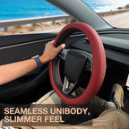 PINCTROT Nappa Leather Steering Wheel Cover for Tesla Model Y/3 Highland/Juniper, D Shaped 14 Inch Small Sized with Breathabl