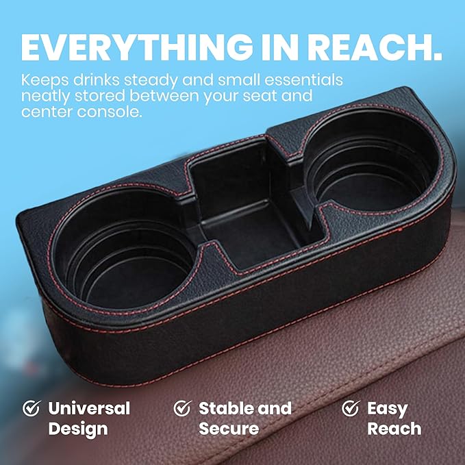 Car Cup Holder, Auto Front Seat Cup Holder, PU Leather Cover Cup Drink Holder, Car Seat Gap Filler Organizer, Side Cup Holder for Car Coin Bucket, Cell Mobile Phone Holder, Black