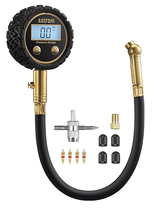 AstroAI Tire Pressure Gauge for Cars with Backlit LED, Solid Brass with Rubber Hose, Air Bleeder Valve, ANSI B40.7 Grade 2A(±0.5%), 3-250PSI