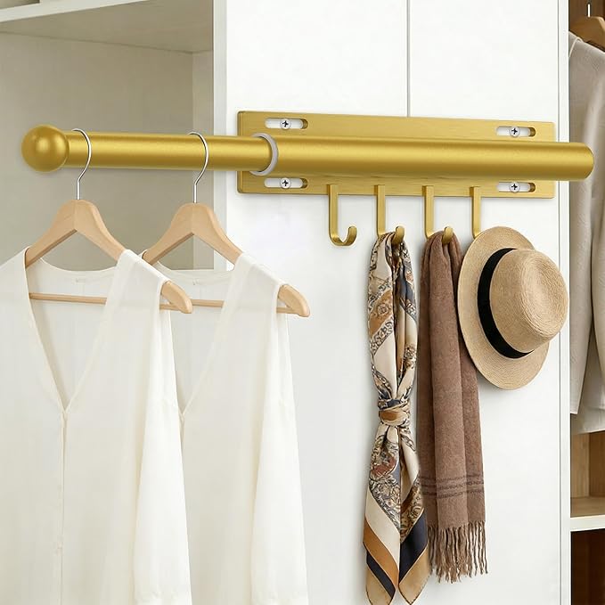 Valet Rod for Closet Retractable with 4 Hooks, 13.4"-23.2" Pull Out Clothes Hanger Rail, Heavy Duty Alloy Steel Side Mount Wa