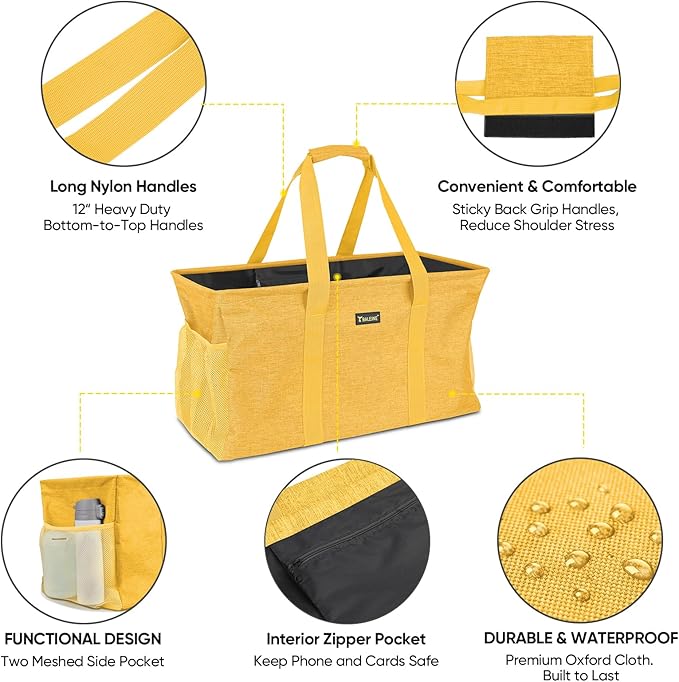 BALEINE Extra Large Utility Tote Bag with Reinforced Wire Frame, Reusable Grocery Bag for Shopping, Picnic (Yellow, 22''x12''x10'')