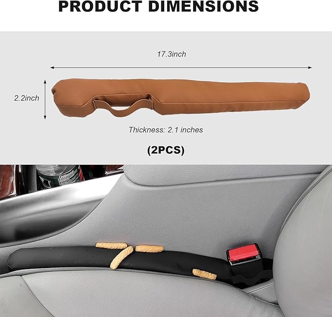 2PCS Leather Car Seat Gap Filler, No-Drop Seat Side Gap Plug Crevice Blocker with Securing Strap, Elastic Filler Block The Gap Between Seats & Console for Truck SUV Sedan (Brown)