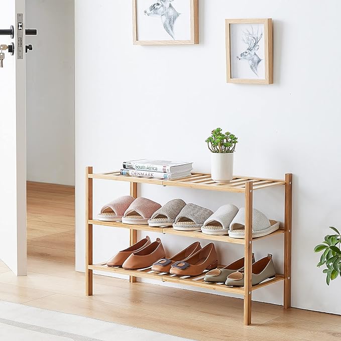 viewcare 4-Tier Bamboo Shoe Rack for Entryway, Stackable | Foldable | Natural, Shoe Organizer for Hallway Closet, Free Standi