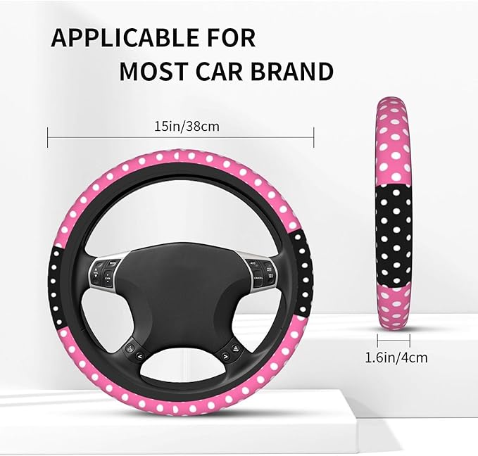 Cute Pink Polka Dots Steering Wheel Cover for Women,Universal Fit 14-15 inch, Fashion Automotive Interior Decorative,with 2 P