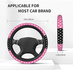 Cute Pink Black Polka Dots Bow Steering Wheel Cover for Women, Universal Fit 14-15 inch,Automotive Interior Accessories Decor