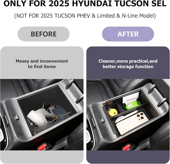 Center Console Organizer Compatible with 2025 2026 Hyundai Tucson SEL/SE Armrest Storage Box Armrest Console Organizer 2025 Tucson Accessories (ONLY FOR TUCSON SEL/SE/XRT,NOT FOR PHEV&Limited&N-Line)