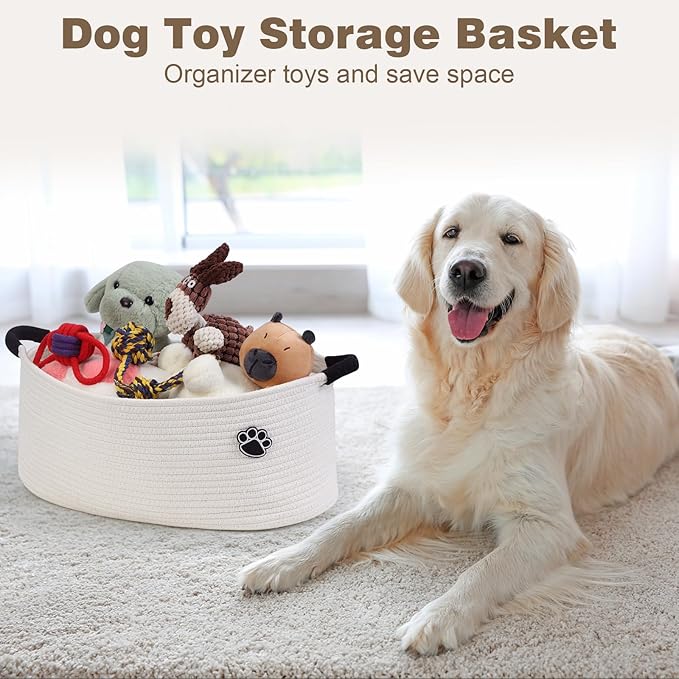 Optish Dog Toy Basket, Toy Box and Bin for Dog Cat Storage, 19.7" X 11" X 7.9" (30L) Large Woven Basket for Blanket Storage, 