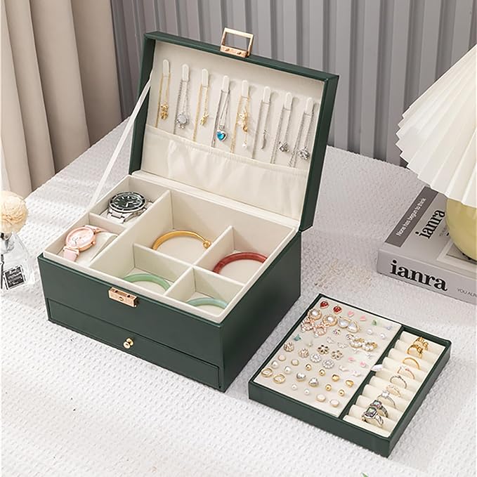 Jewelry Organizer Box, Jewelry Box Organizers for Women Girls, 3 Layers Large Leather Necklace Storage Case for Earring, Ring