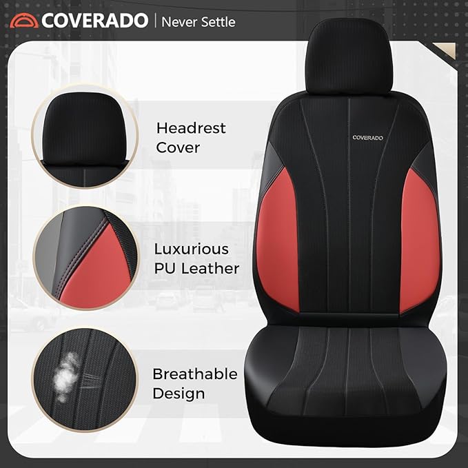 Coverado Seat Covers 2-Pack, Waterproof Car Seat Covers, PU Leather & Breathable Mesh Seat Protectors, 2 Seats Automotive Sea