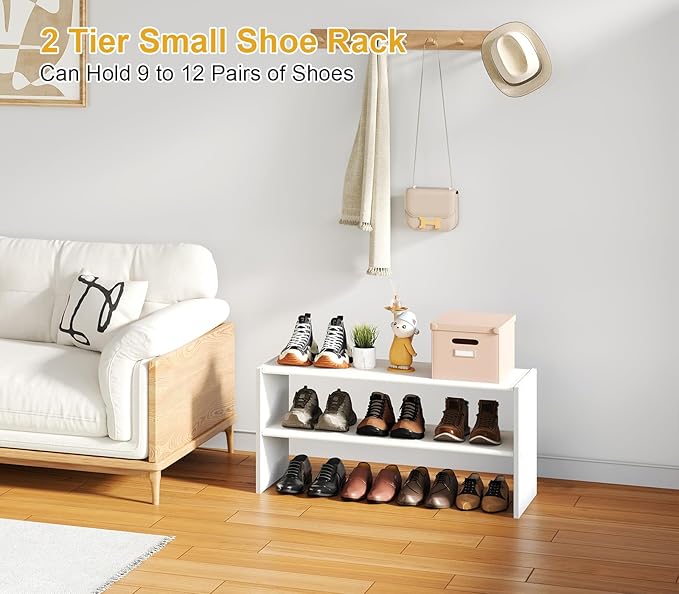 2 Tier Small White Shoe Rack For Closet, Stackable Shoe Shelf Organizer for 9 -12 Pairs of Shoes, Small Shoe Storage Organize