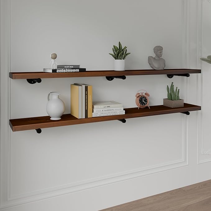 Industrial Pipe Wall Shelves - 60"" Warm Walnut Solid Wood, 12"" Deep Floating Shelving for Farmhouse Rustic Decor, Sturdy St