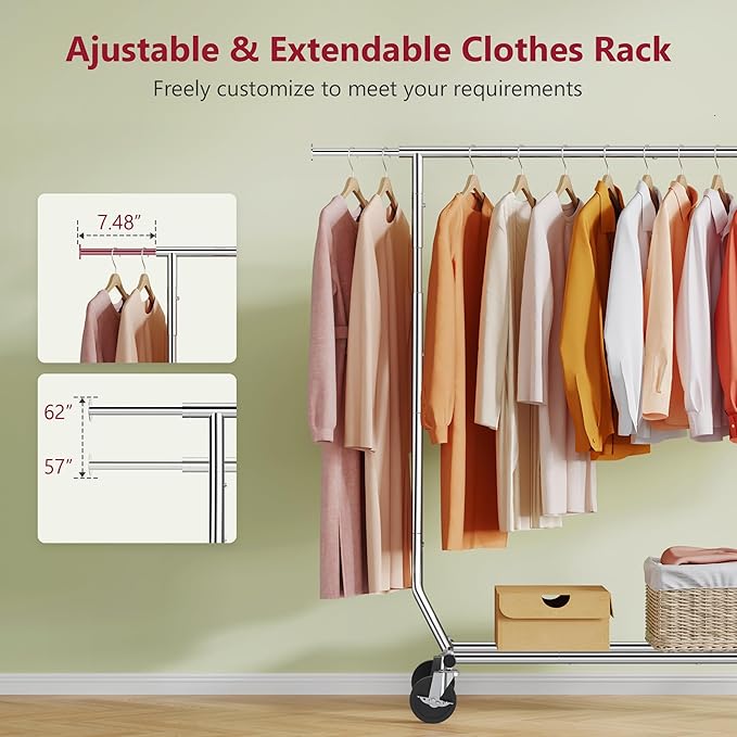 Tajsoon Clothing Rack Heavy Duty Clothes Racks Foldable Garment Rack with Wheels and Extendable Rod, Collapsible Clothing Rac