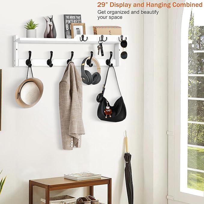 29'' Coat Rack Wall Mount with Shelf, Coat Hanger Wall Mount with Key Hooks and Mail Holder, Wood Entryway Floating Shelf wit