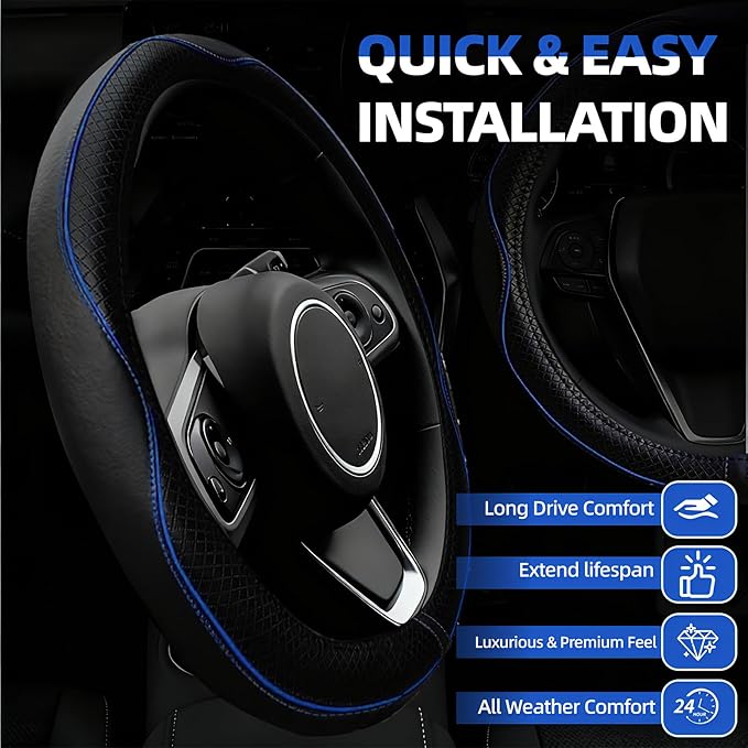 NBTEPEM 6 PCS Car Steering Wheel Cover Set, Microfiber Leather Steering Wheel Covers Universal 14.5-15 inch, Center Console Cover, Seat Belt Cushion, Cup Holder Coaster, Car Accessories Set Blue