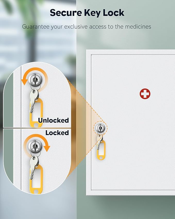 Uniclife Wall Mount Medicine Cabinet with Key Lock Locking First Aid Cabinet Lockable Medical Cabinet Large Capacity Medicine
