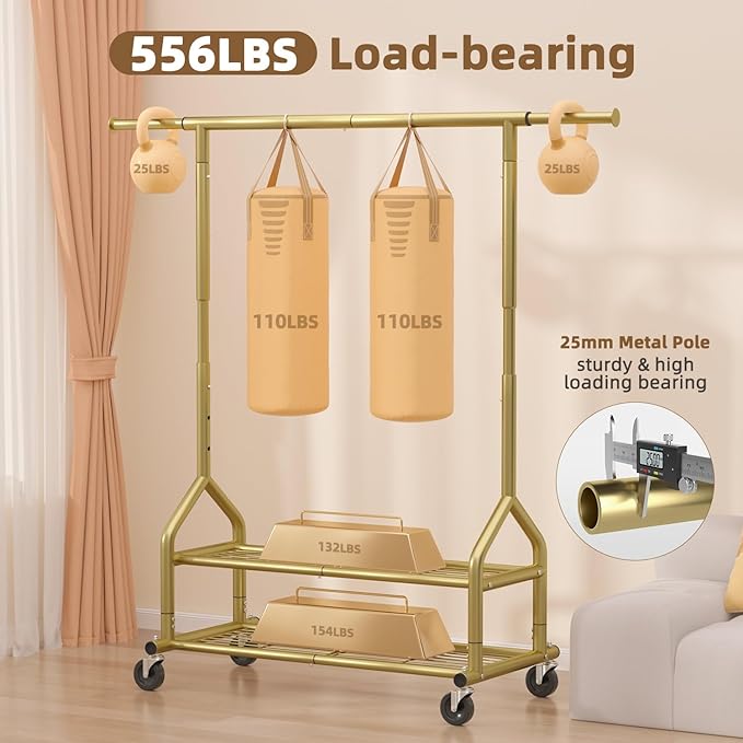 EAGMAK Heavy Duty Clothes Rack Load 556 LBS, Rolling Clothing Rack With Shelves, Height Adjustable Metal Clothes Hanger with 