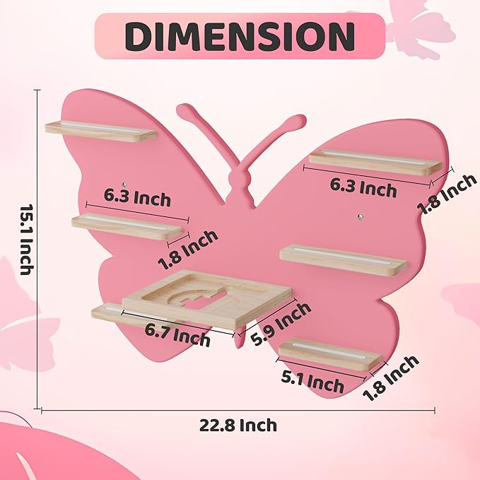 Butterfly Tonie Shelf for Toniebox - Pink Magnetic Tonies Wooden Floating Shelves, Cute Wall Shelf Storage for 20-32 Tonies F