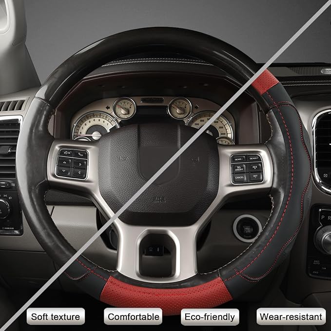 West Llama Customized Auto Car Steering Wheel Cover with 3D Texture for Dodge RAM 1500 2500 3500, 15.5-16 inch (Black+Red-Lar