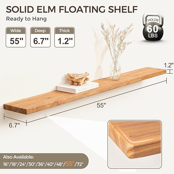 Fun Memories 55 Inch Floating Shelves for Wall, Solid Elm Wood Wall Shelf for Home Decor, Heavy-Duty Hardwood Floating Shelf 