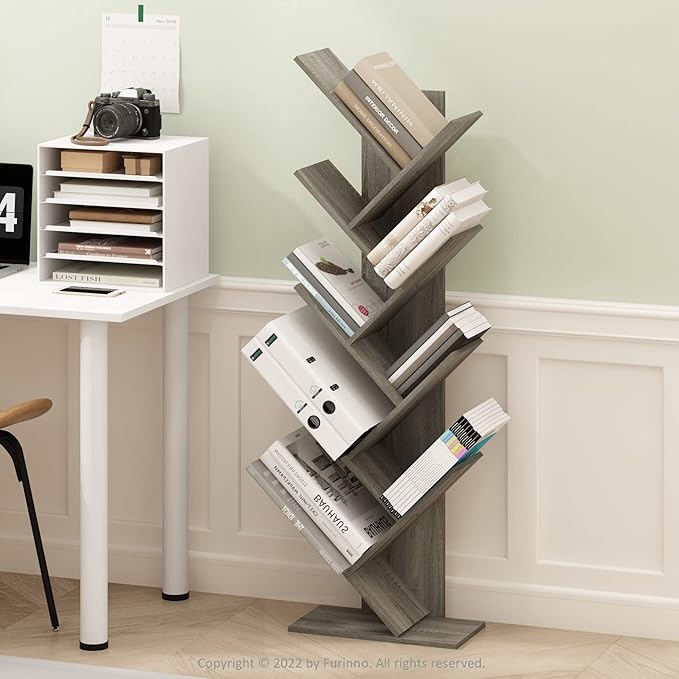 Furinno TREE Book Shelf, 9-Tier Bookshelf, Tree Bookcase with Angled Open Shelf, 8.4 x 15.7 x 50.9, for Room Decor, for Livin