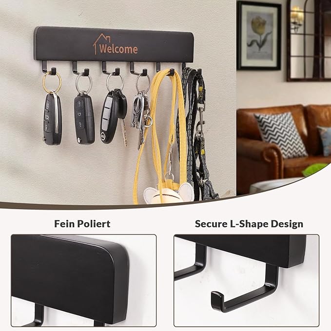 SCUNDA Wooden Key Holder with Metal Hooks,No Drill Adhesive & Screws, Wall Mount Entryway Organizer for Keys, Coats, Hats, Ru