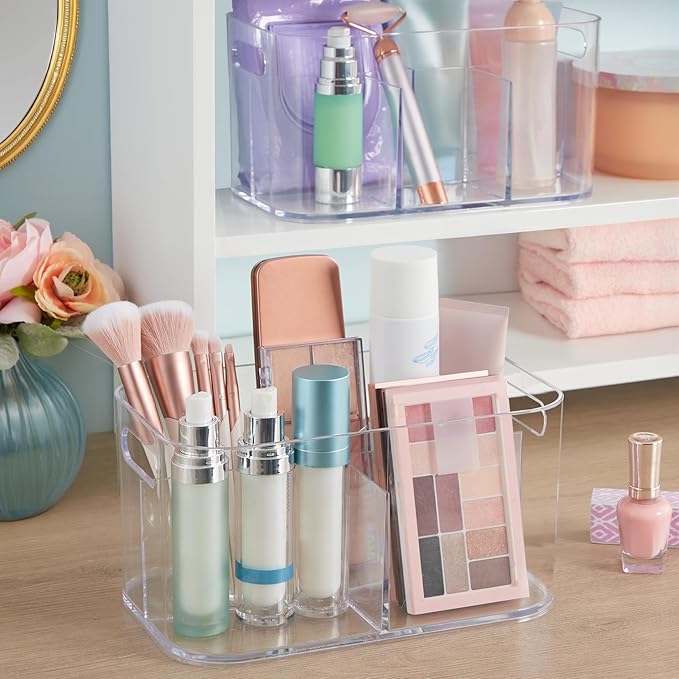 STORi Bliss 5-Compartment Plastic Cosmetics Storage Organizer | Clear | Rectangular Divided Makeup Bin & Vanity Caddy with Pa