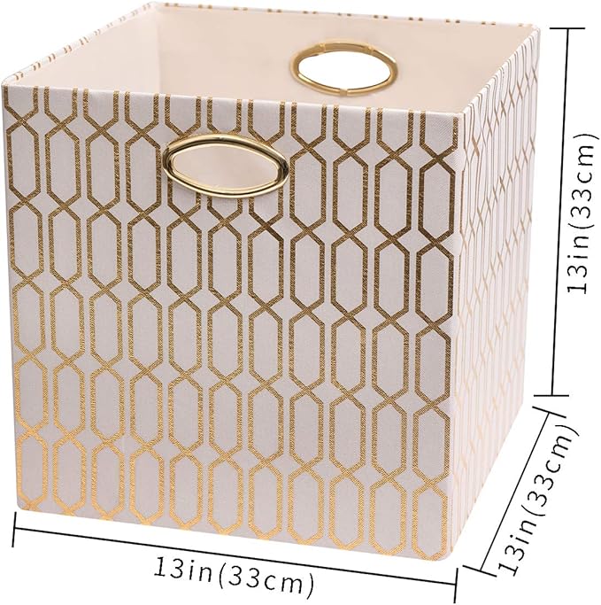 Posprica Storage Bins, Storage Cubes,13×13 Fabric Drawers Organizer Basket Boxes Containers (13×13×13/2pcs, Cream/gold geomet