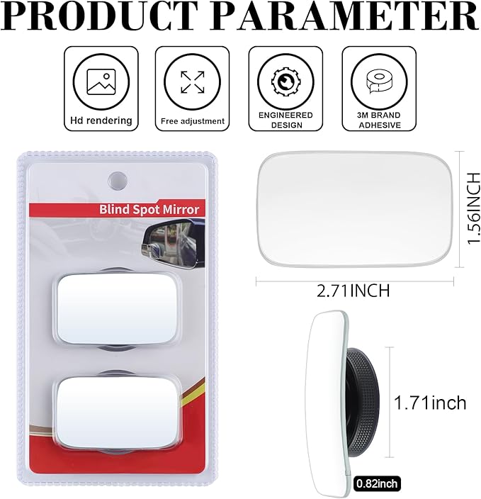 LivTee Blind Spot Car Mirror, Rectangular HD Glass Frameless Convex Side Mirror Blindspot, Reusable 360° Wide Angle Rear View Car Mirrors with Powerful Adjustable Suction Cup - Exterior Mirrors