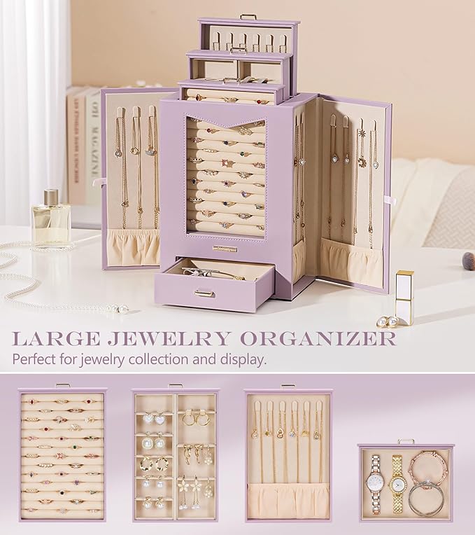 Homde Jewelry Organizer with Transparent Window Necklace Hooks Gift for Women Jewelry Box Display Case for Necklaces Rings Ea