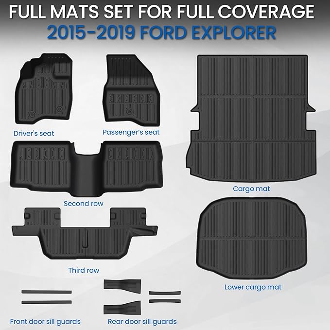 Floor Mats Cargo Mat Set for 2015-2019 Ford Explorer 7 Seats, All Weather TPE Cargo Liner Trunk Lower Mat Door Sill Guards Accessories (15-19 | 7 Seats Floor Mats Set)