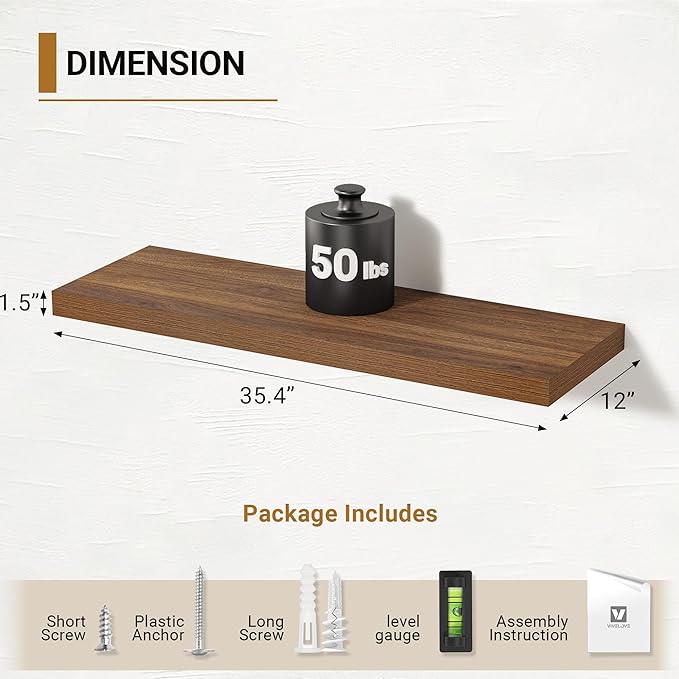 Vivelove Rustic Floating Shelves for Wall 12 Inch Deep, 36" X 12" X 1.5" Floating Shelf, 2 Inch Thick Shelf for Living Room B