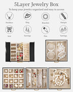 TORIBIO Jewelry Box for Women, Leather Jewelry Organizer with Mirror & Lock, 5-Tier Jewelry Storage Organizer with 4 Drawers 