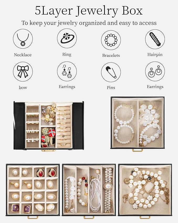 TORIBIO Jewelry Box for Women, Leather Jewelry Organizer with Mirror & Lock, 5-Tier Jewelry Storage Organizer with 4 Drawers 