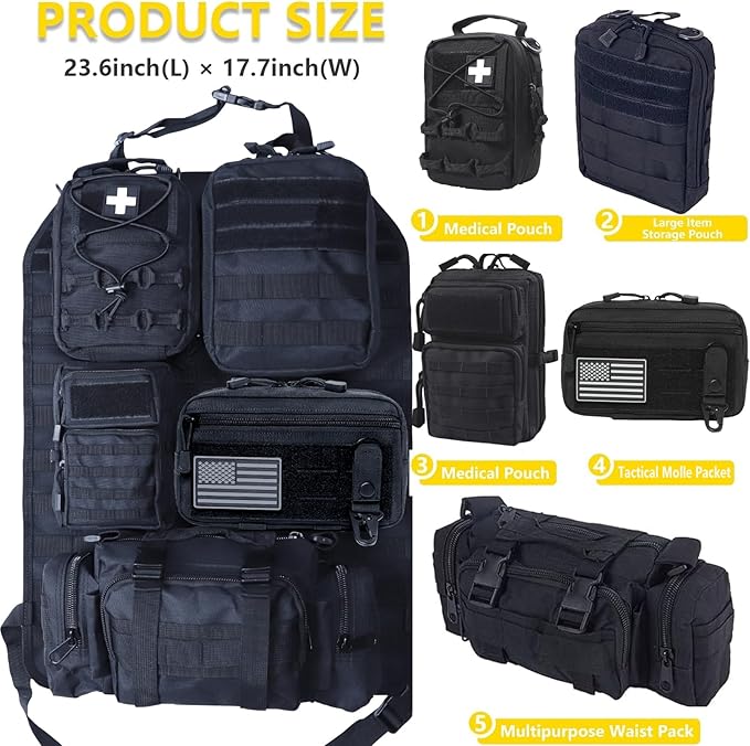 Universal Tactical Car Seat Back Organizer Bag Tactical Molle Vehicle Organizers Panel Vehicle Protector Organizers with 5 Detachable Pouches for Car (Upgraded B black)