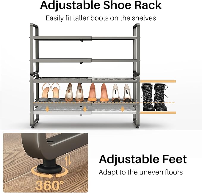 SNTD Shoe Rack - Expandable Shoe Organizer for Closet, Adjustable Metal Shoe Shelf Storage, Stackable Long Shoe Stand Holder 