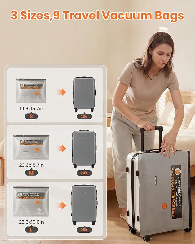 Travel Vacuum Bags for Clothing with Rechargeable Electric Pump, 9 Pack Compression Packing Storage Bags for Luggage and Suit