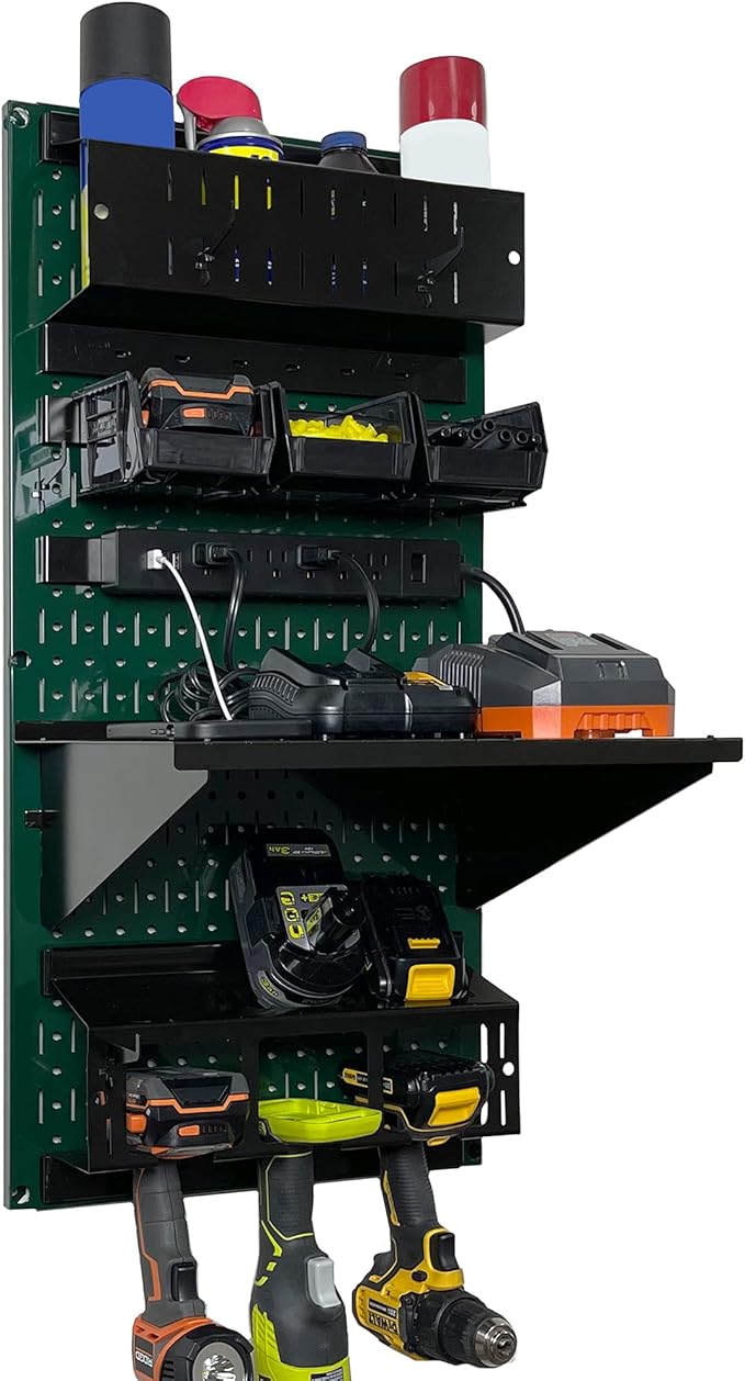 Wall Control Power Tool Storage Organizer Kit Cordless Drill Holder Charging Station Rack 16” x 32” Metal Pegboard Organizati