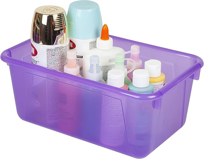 Storex Small Cubby Bins – Plastic Storage Containers for Classroom with Non-Snap Lid, 12.2 x 7.8 x 5.1 inches, Tint Violet, 5