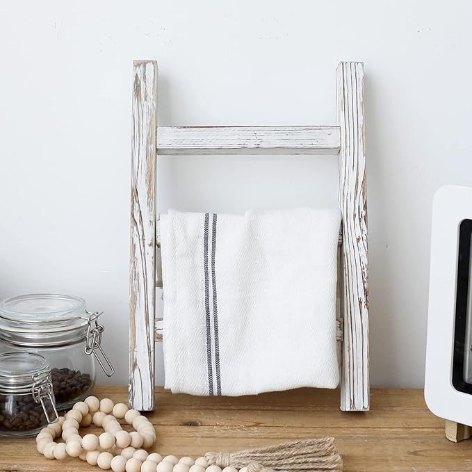 FUIN Wooden Tea Towel Ladder, Mini Ladder Towel Rack Display Hanger, Small Rustic Farmhouse Tea Towel Stand Holder for Countr