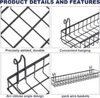 4 Pcs 15.75 x 3.94 x 1.97 Inch Black Metal Grid Wall Hanging Basket, Wire Storage Organizer Baskets with Hooks for Kitchen, B