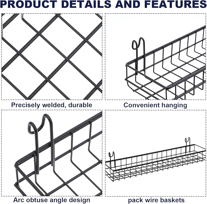 4 Pcs 15.75 x 3.94 x 1.97 Inch Black Metal Grid Wall Hanging Basket, Wire Storage Organizer Baskets with Hooks for Kitchen, B