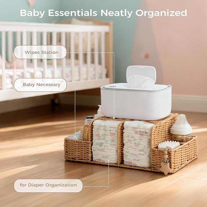 Diaper Caddy Organizer, Hand Rattan Nursery Storage Basket for Baby Essentials, Baby Changing Table Organizer Perfect Nursery