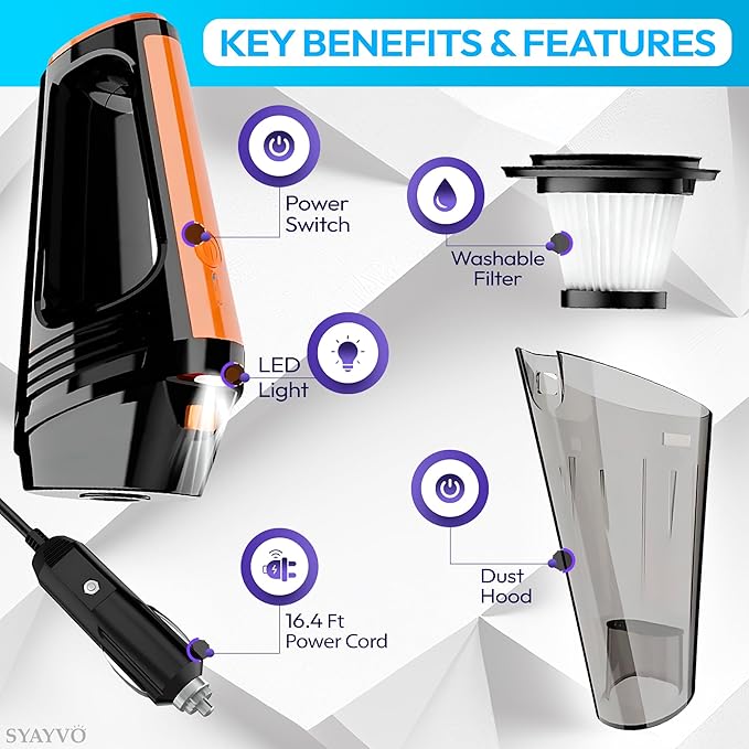 SYAYVO Portable Car Vacuum Cleaner - 8000PA/100W/DC12V Corded Vacuum Cleaner Handheld Vacuum with Attachments, LED Light Clea
