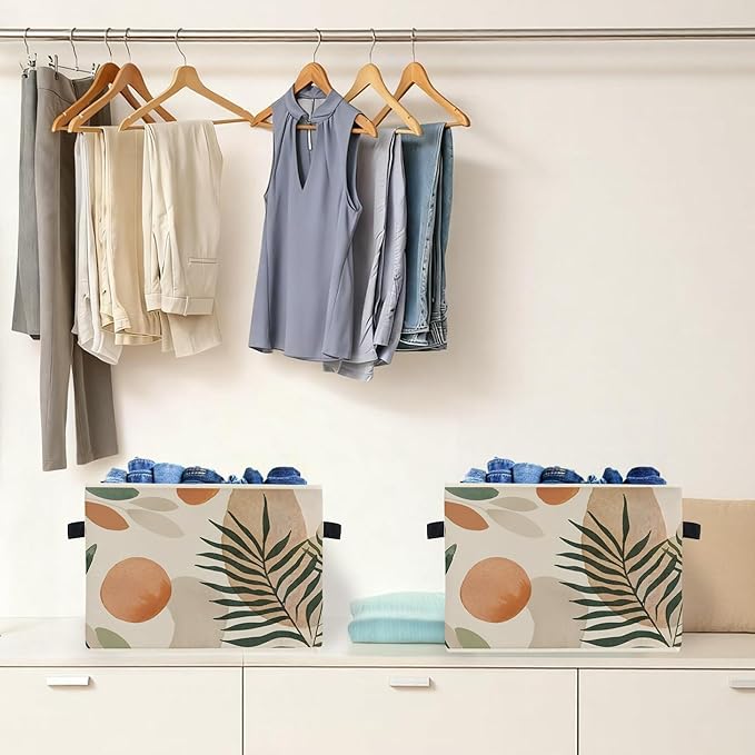 Boho Abstract Botanical Storage Box Bins, Mid Century Modern Boho Leaf Collapsible Storage Basket Organizer for Bedroom Laund